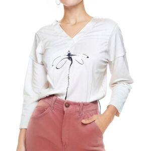 C.o.z.y Cotton Dragonfly Print Notch Neck T-Shirt, Casual Long Sleeve Top Sz L